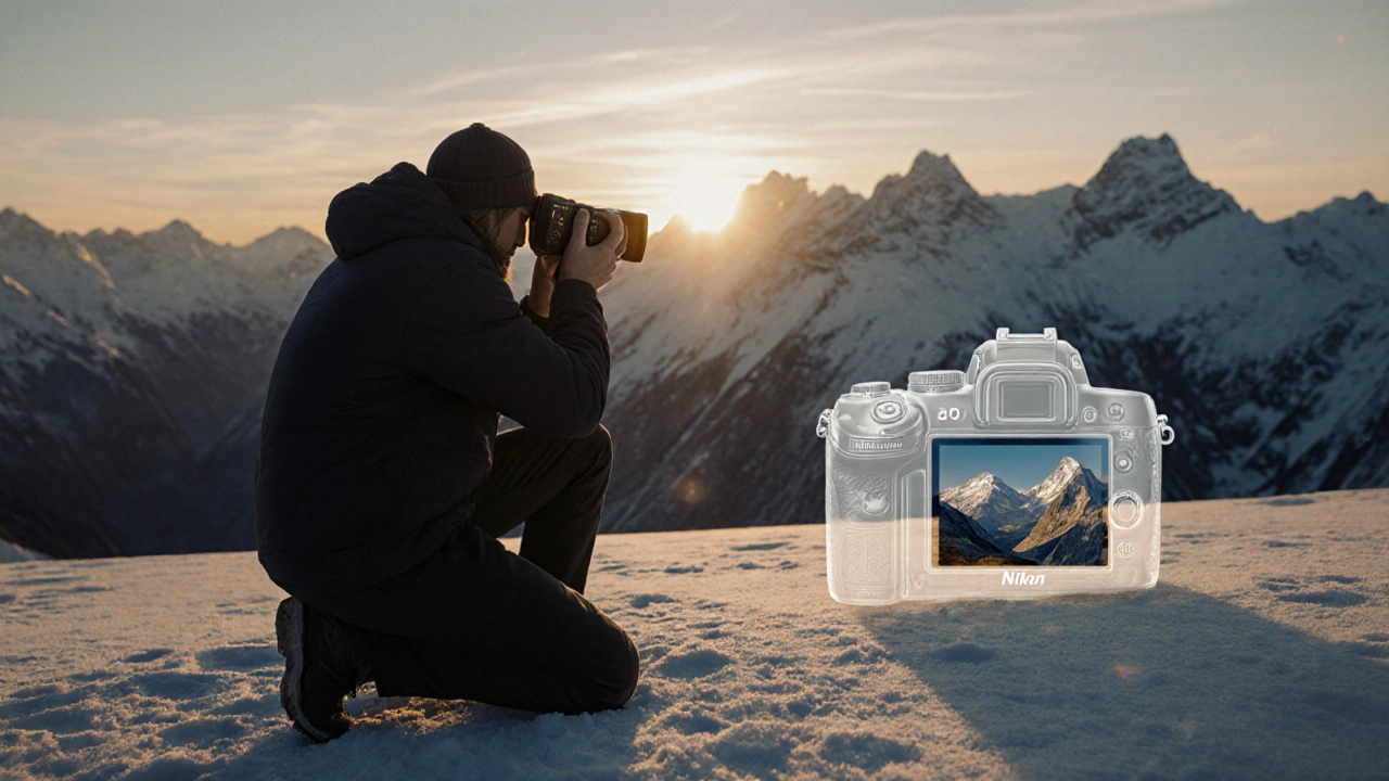 Ein Fotograf mit einer Nikon Z9 auf einem verschneiten Berggipfel bei Sonnenaufgang, der eine Landschaft fotografiert.
