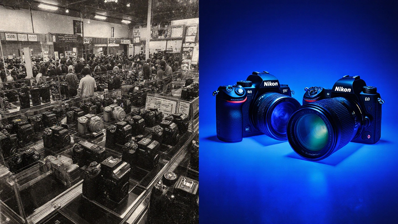 Ein gespaltenes Bild: Links eine Menge DSLR-Kameras aus den 2010ern, rechts drei moderne Nikon Z-Kameras in einem minimalistischen Studio.