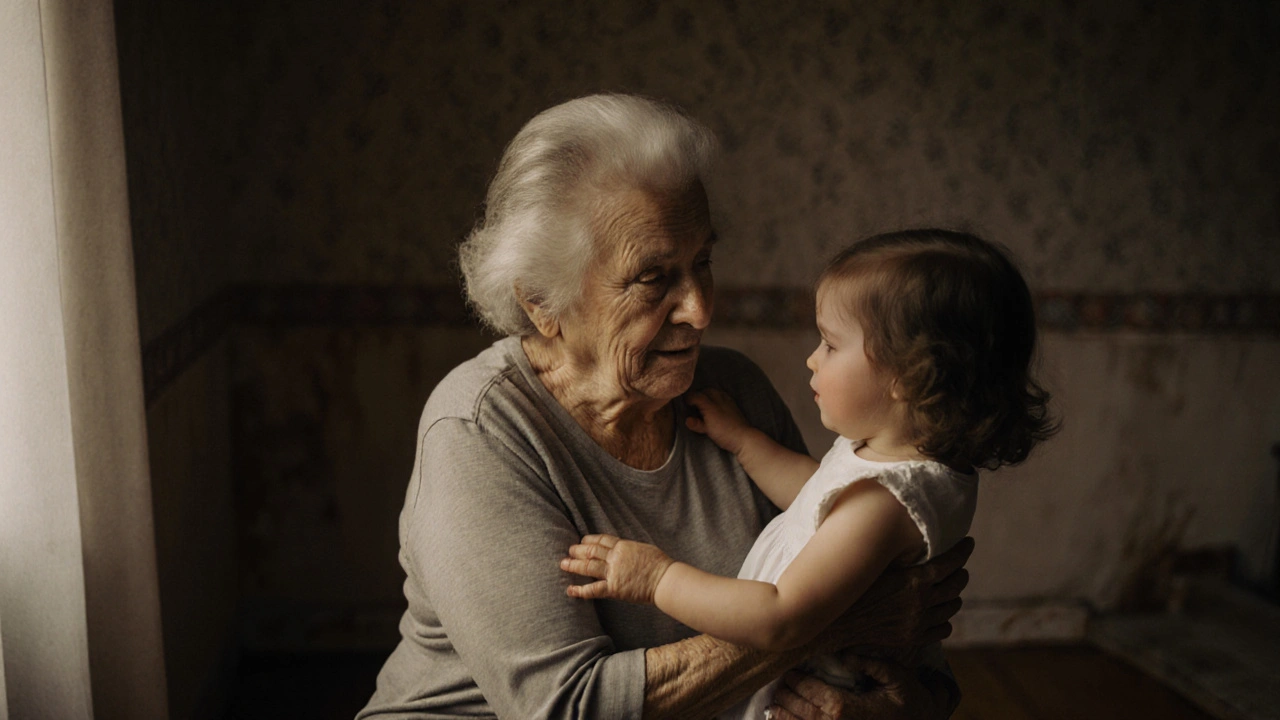 Eine alte Frau hält ihre Enkelin zum ersten Mal im Arm, Tränen auf den Wangen, weiches Licht aus dem Fenster.