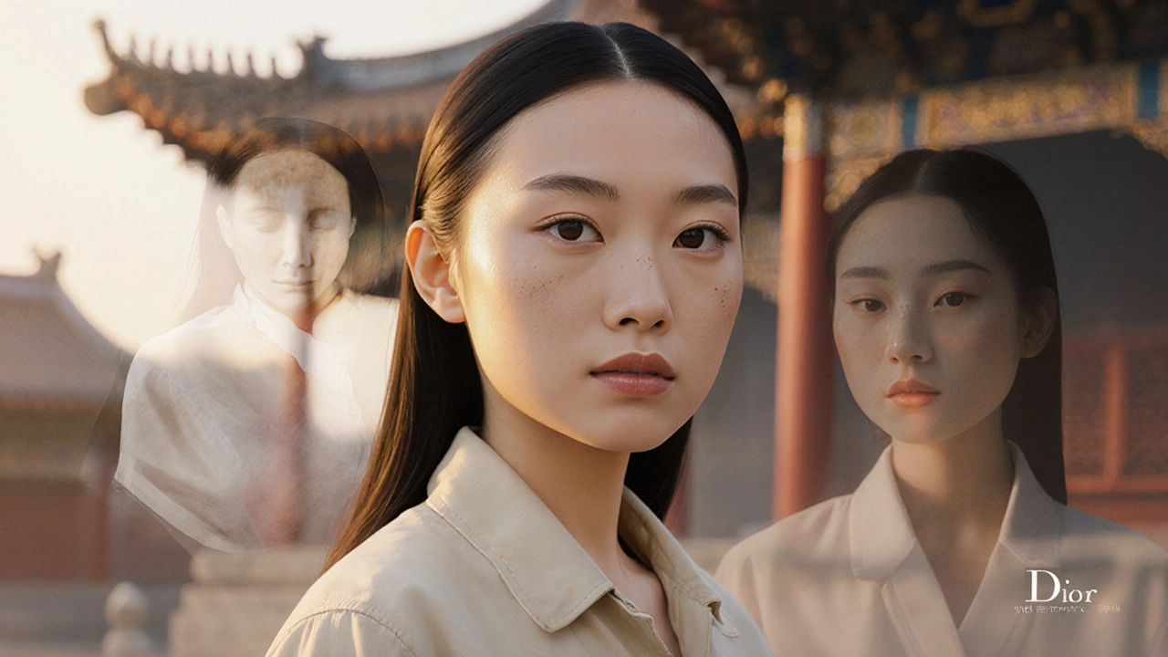 Eine chinesische Frau steht selbstbewusst in Alltagskleidung, ihre natürlichen Merkmale sichtbar, während ein verblasstes Dior-Werbefoto hinter ihr verschwindet.