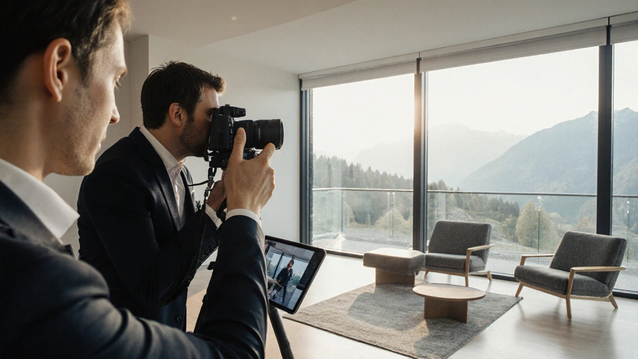 Fotograf dokumentiert eine moderne Wohnung für die Immobilienwerbung mit natürlichem Licht.
