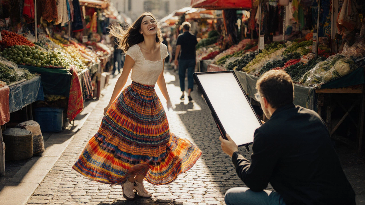 Fotograf fotografiert ein lachendes Modell in einem bunten Rock, der vom Wind gehoben wird, in einem farbenfrohen Markthallenumfeld mit natürlichen Lichtverhältnissen.
