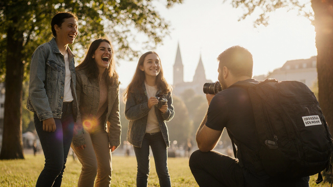 Fotograf fotografiert eine Familie im Park bei goldenem Abendlicht in der Stadt.