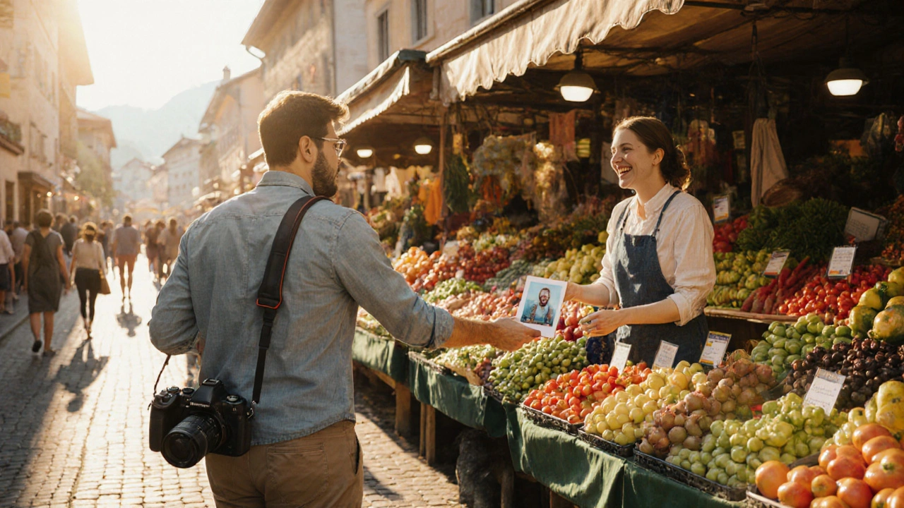 Fotograf gibt einem Markthändler ein Foto als Geschenk, goldenes Abendlicht umgibt sie.