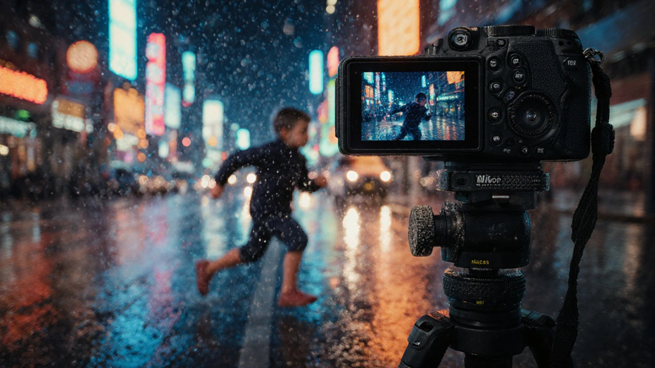 Fotograf mit Nikon Z9 fängt ein laufendes Kind in der Nacht ein, Autofokus verfolgt die Augen, Regentropfen gefroren, D850 im Hintergrund verstaubt.