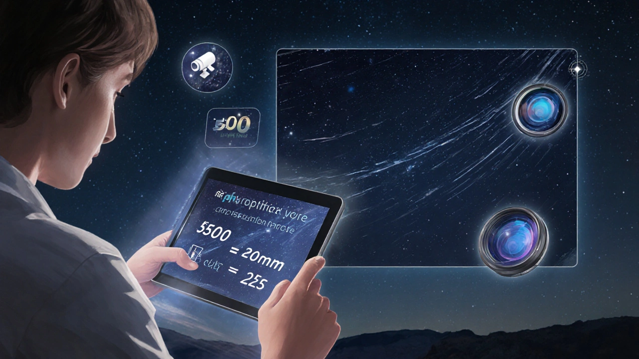 Fotograf prüft Bild auf Tablet, Sternenstreifen vs. scharfe Sterne, Formel sichtbar.