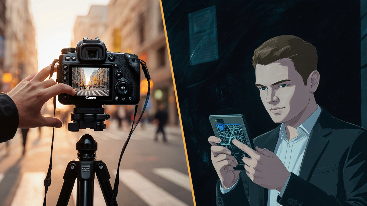 Fotograf wechselt leicht von Foto zu Video, während ein anderer in Menüs sucht.