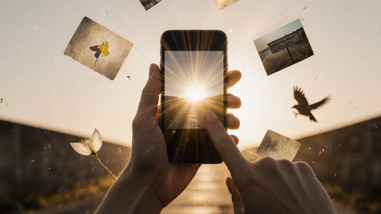 Hand drückt Auslöser, goldene Lichtstrahlen strömen heraus, flüchtige Momente schweben umher.