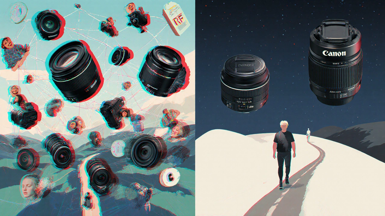 Konzeptuelle Darstellung: Canon-Ökosystem mit vielen Objektiven und Nutzern vs. Nikon mit wenigen und isoliert.