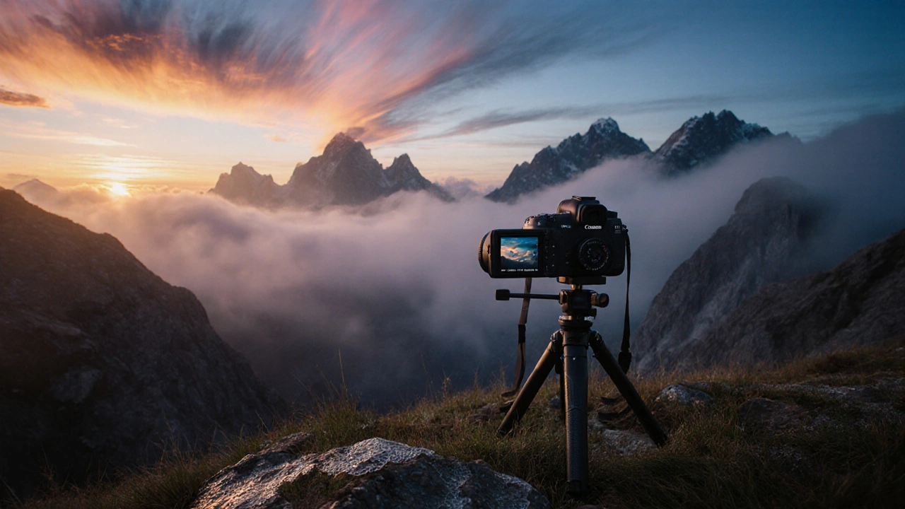 Landschaftsfotograf mit Canon EOS R5 bei Sonnenaufgang auf einem nebligen Berggipfel.