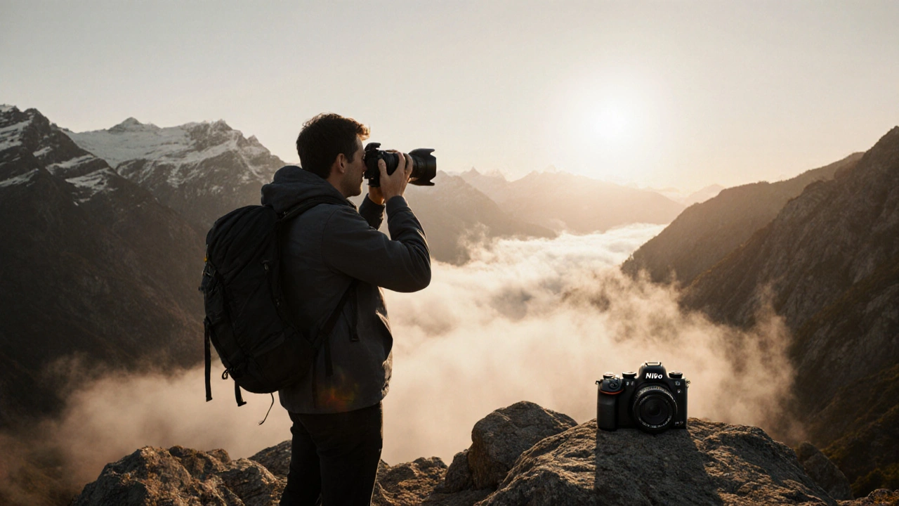 Landschaftsfotograf mit Nikon Z8 auf einem Berggipfel bei Sonnenaufgang, Nebel und dramatischer Beleuchtung.