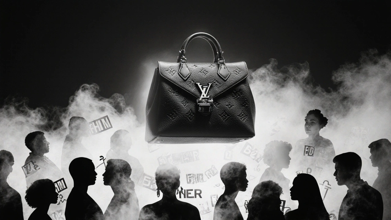 Louis Vuitton-Tasche schwebend über einer Mosaik aus menschlichen Silhouetten, alte Geschlechterlabels lösen sich in Rauch auf.