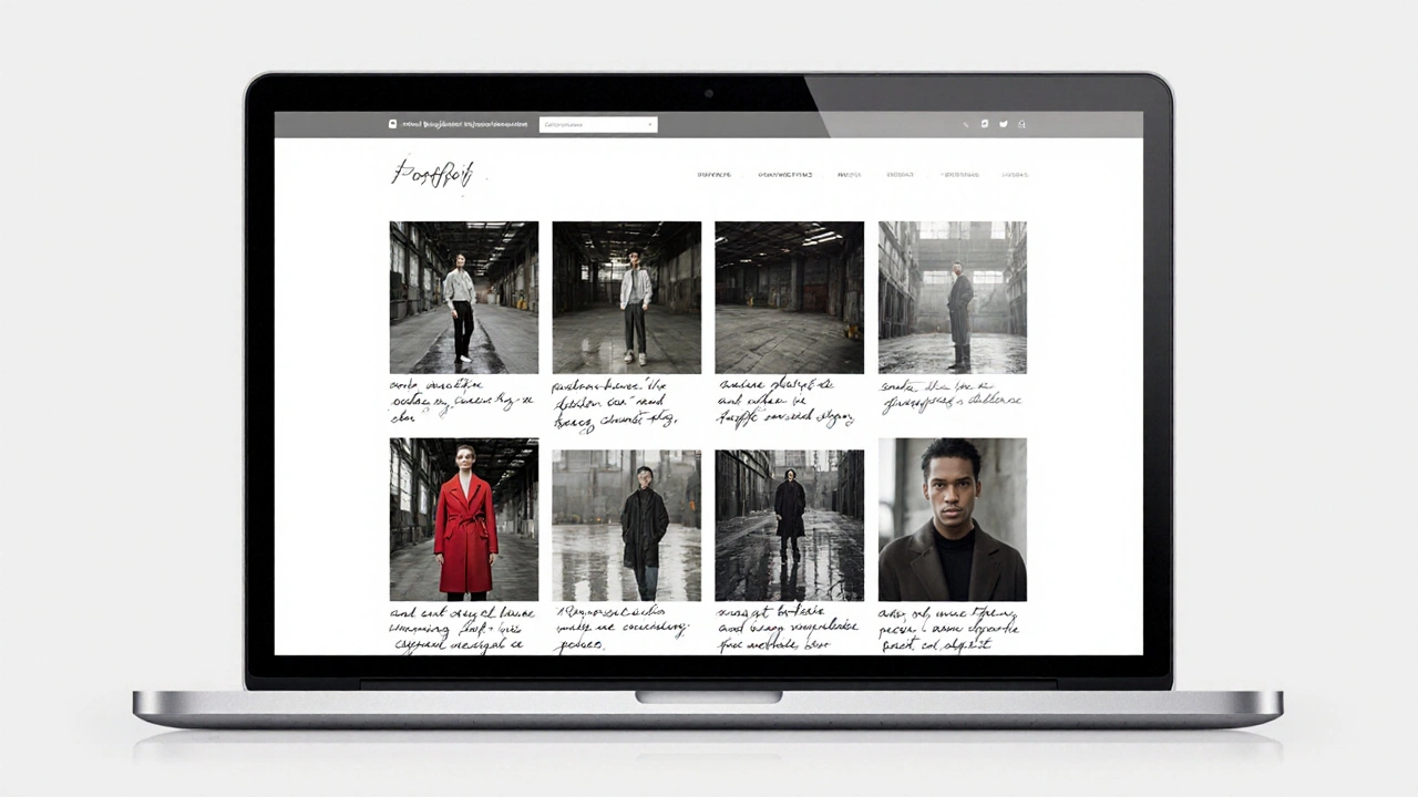 Minimalistisches Online-Portfolio mit 12 authentischen Modefotos, jeweils mit kurzen handschriftlichen Erläuterungen, in sanften Grautönen dargestellt.