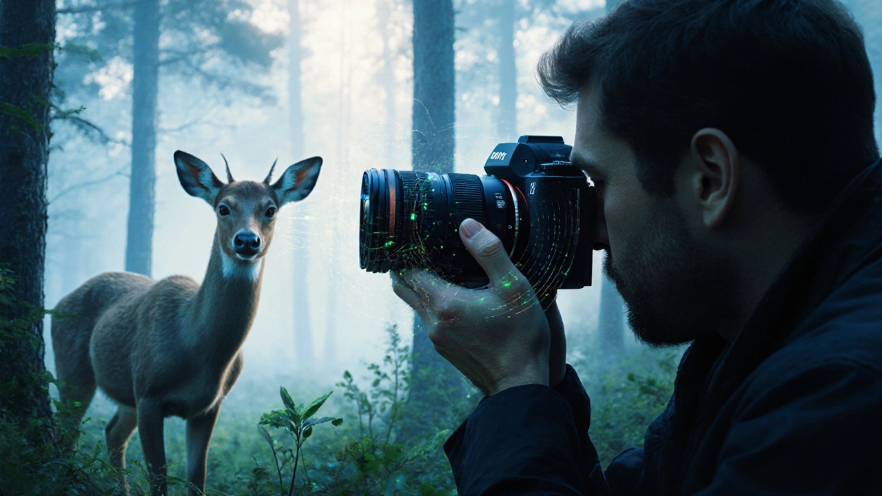 Naturfotograf mit Sony Kamera und langem Objektiv, der ein Rehauge durch Blätter scharf fokussiert.