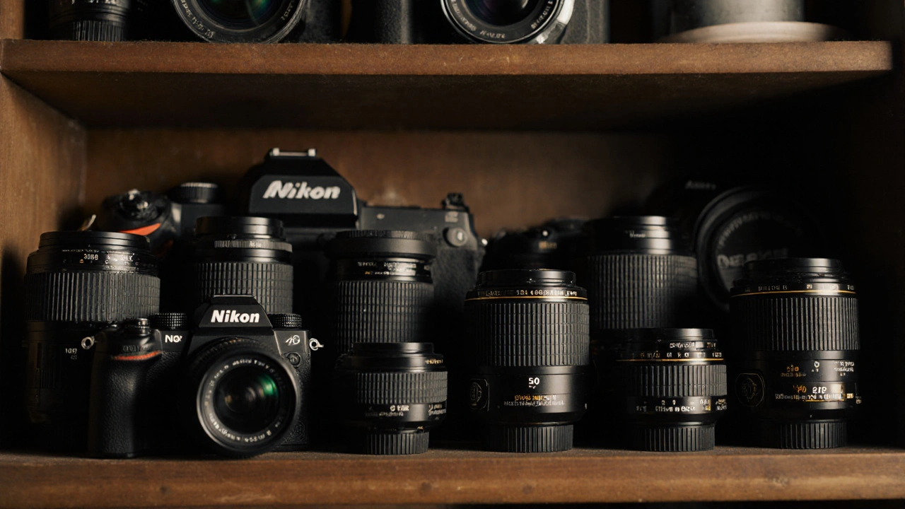 Regal mit Nikon-Objektiven von 1950 bis heute, Z9 und D1 im Hintergrund, weiches Studiolicht