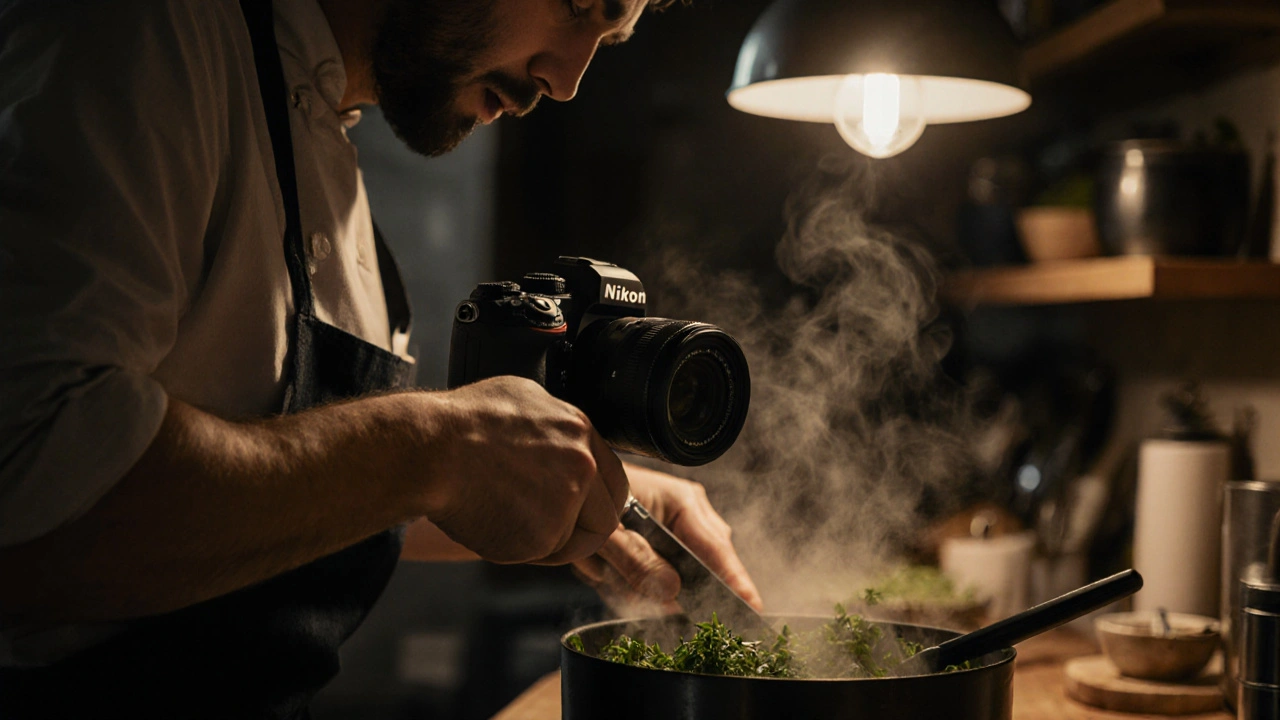 TikToker filmt Kochrezept mit Nikon Z6 II in Küche, Hände greifen nach Zutaten.