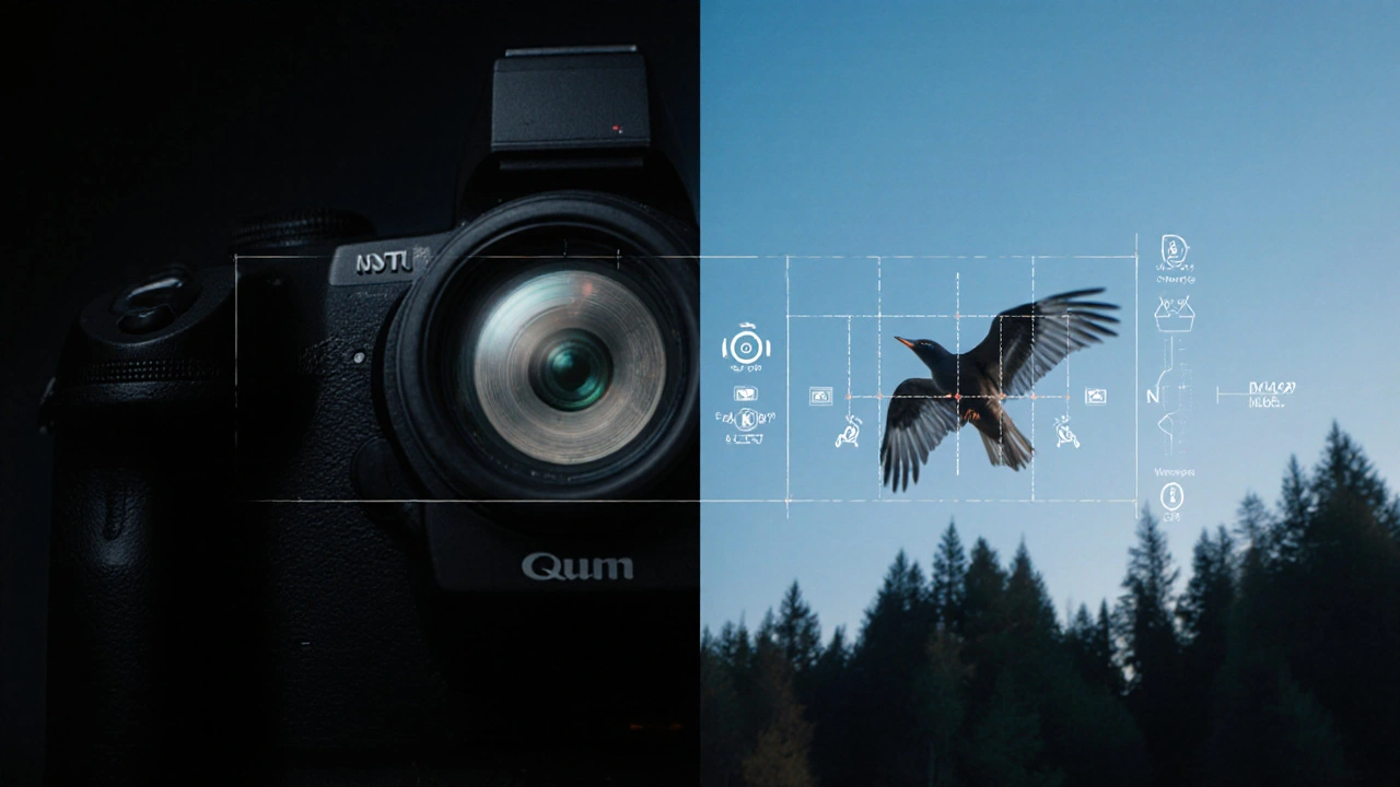 Vergleich: DSLR mit mechanischem Spiegel vs. Spiegellos mit elektronischem Sucher, der Tieraugen-Tracking anzeigt, Dämmerungslandschaft.