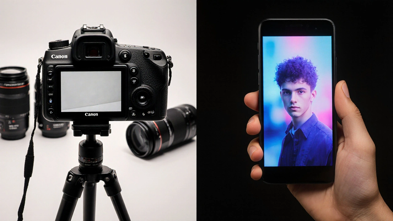 Vergleich: eine DSLR mit einem flachen RAW-Bild und ein Smartphone mit einem lebendig bearbeiteten Foto.