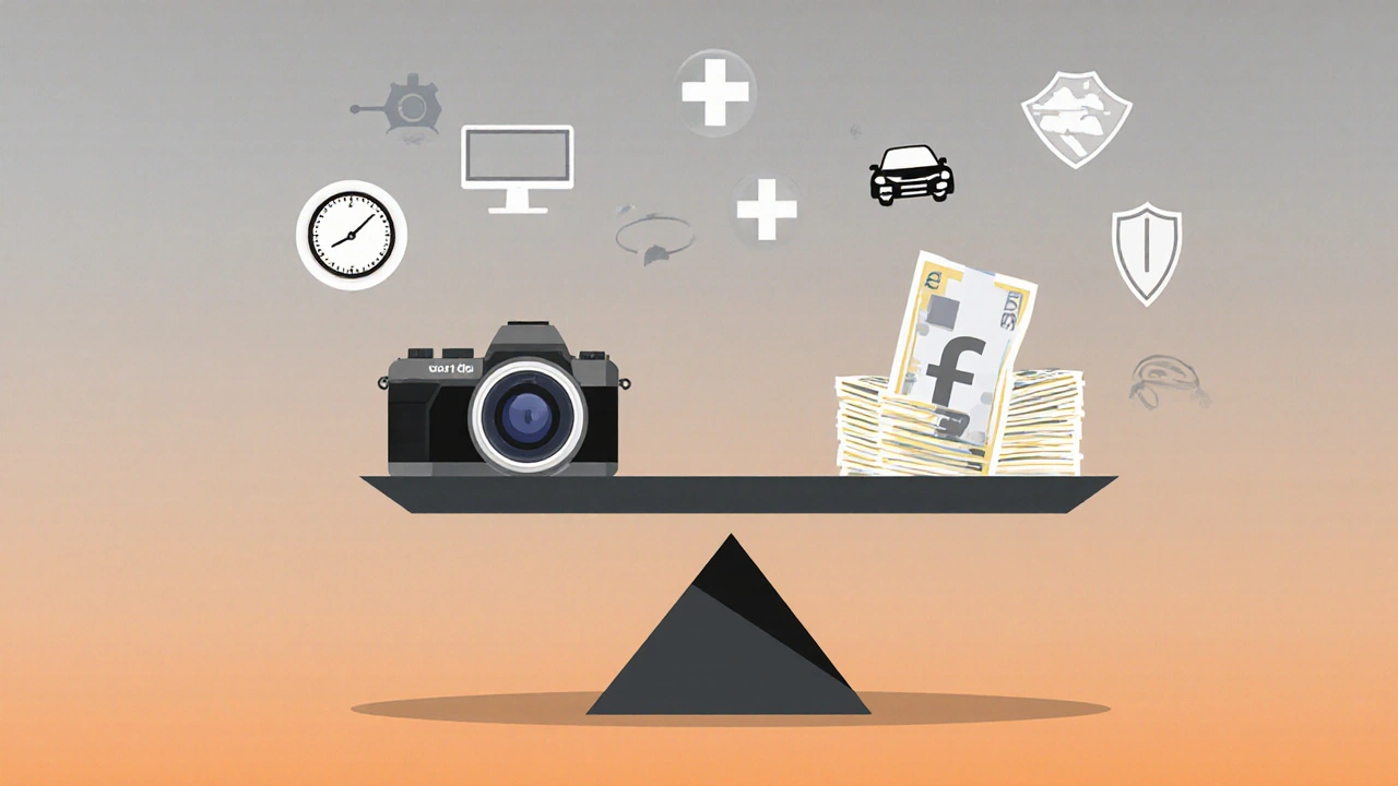 Waage mit Kamera und Geldstapel, umgeben von Symbolen für Zeit, Ausrüstung und Versicherung.
