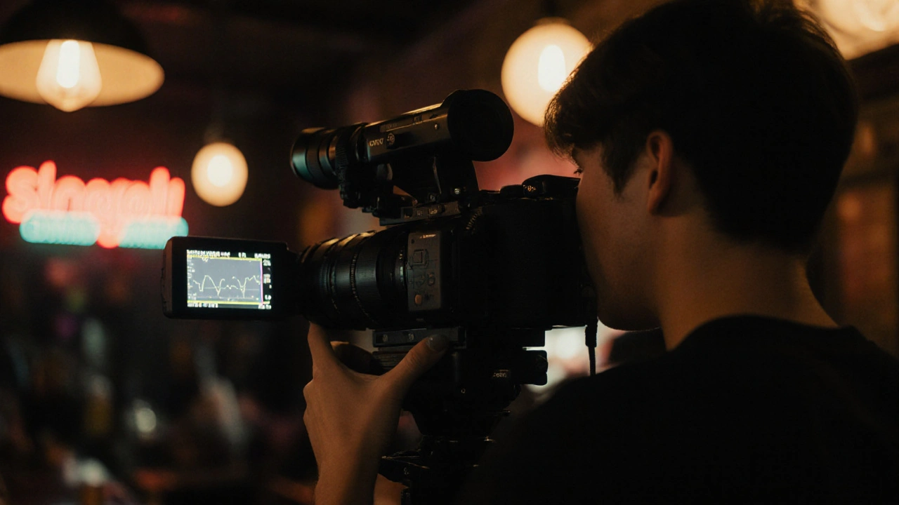 YouTuber filmt in einer dunklen Bar mit Sony A7S III, Neonlichter reflektieren auf der Kamera.