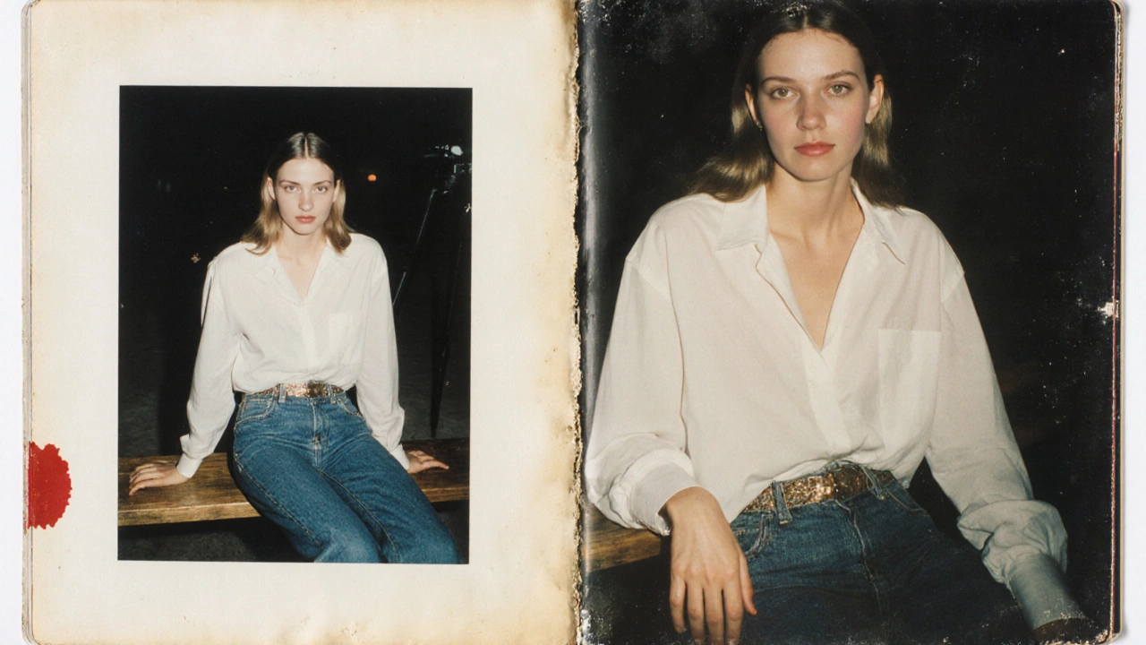 Zwei fast identische Fotos von Crawford und Schiffer auf einer alten Zeitschriftenseite, gleiche Pose und Beleuchtung.