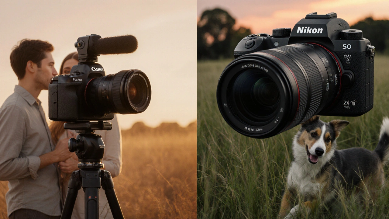 Zwei Kameras, Canon und Nikon, fotografieren gleichzeitig: eine Porträtscene und einen laufenden Hund bei Dämmerung.