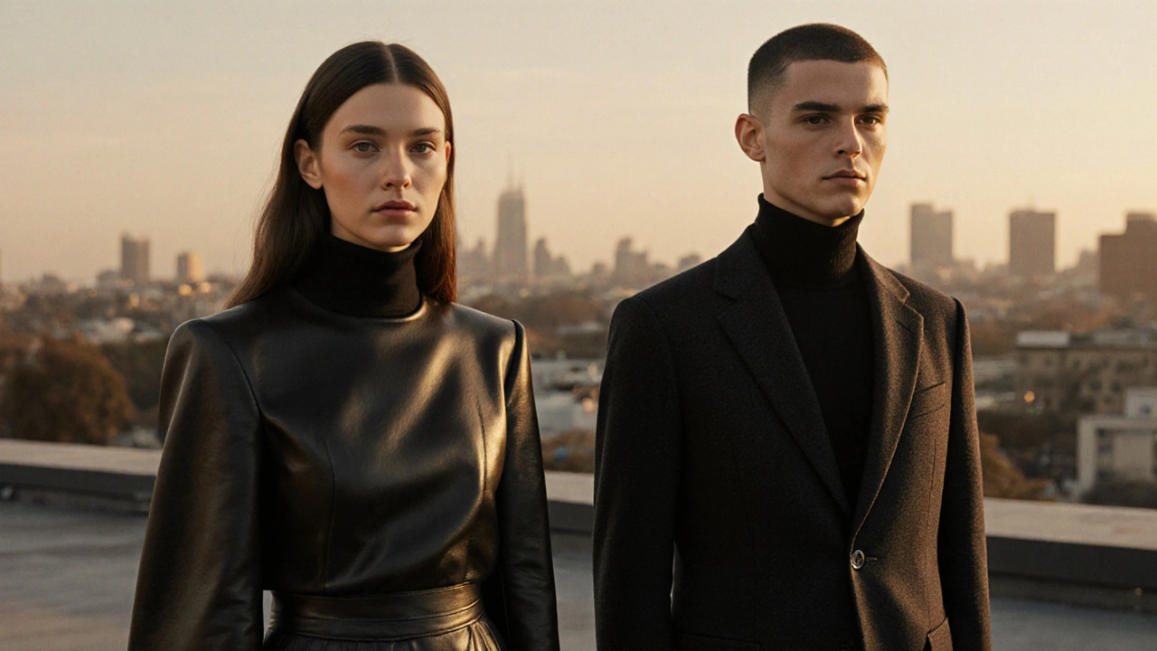 Zwei Menschen auf einem Dach, einer mit Rock, eine mit Anzug, goldenes Abendlicht, authentische Haltung, keine Gender-Klischees.