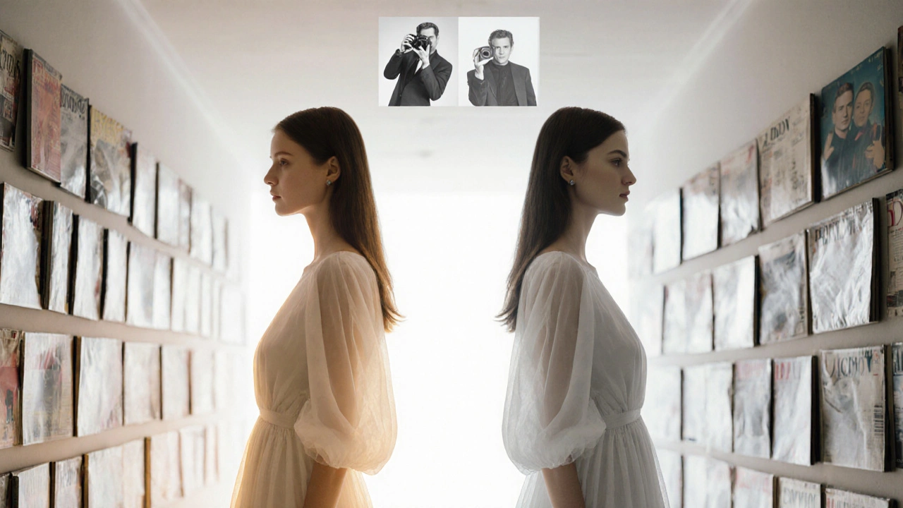 Zwei spiegelbildliche Silhouetten von Supermodels in weißen Kleidern, eine warm, eine kalt beleuchtet, in einem endlosen Korridor.