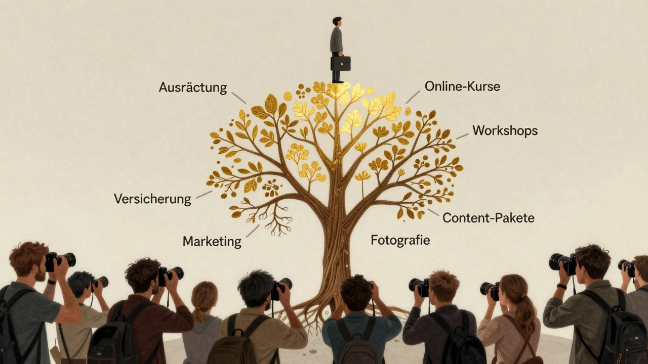 Baumdiagramm: Fotografie als Stamm, zusätzliche Einkünfte als Äste, Business-Geist oben.