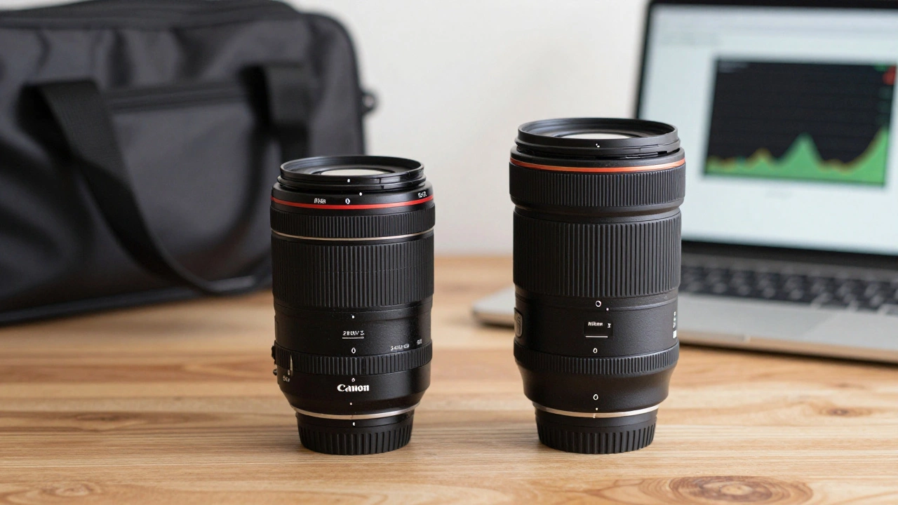 Canon und Nikon Objektive nebeneinander auf einem Tisch, Canon Objektiv ist kompakter und eleganter.