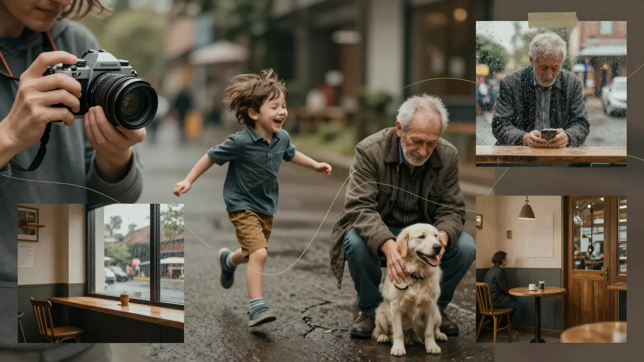 Collage aus täglichen Momenten: Kind, alter Mann mit Hund, Regen auf Fenster.