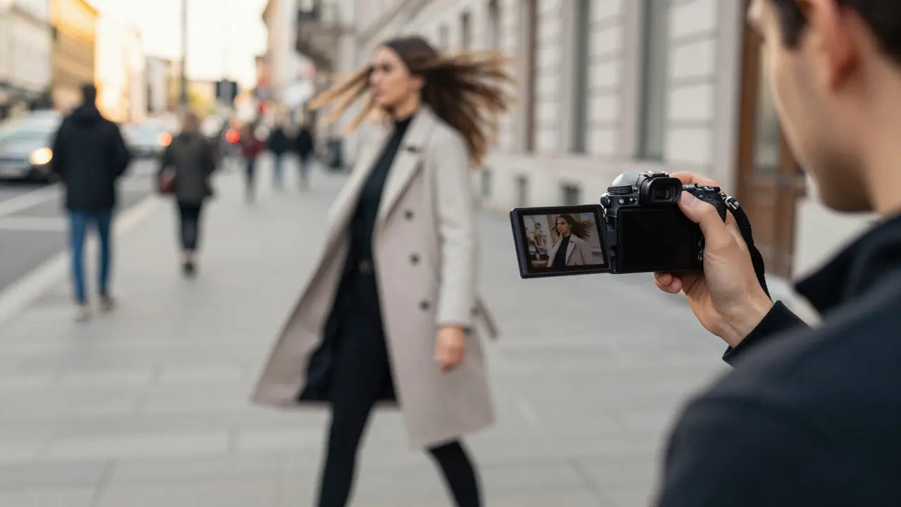 Creator dreht Fashion-Video mit Nikon Z30 auf dem Bürgersteig, Wind weht im Mantel, goldenes Abendlicht.