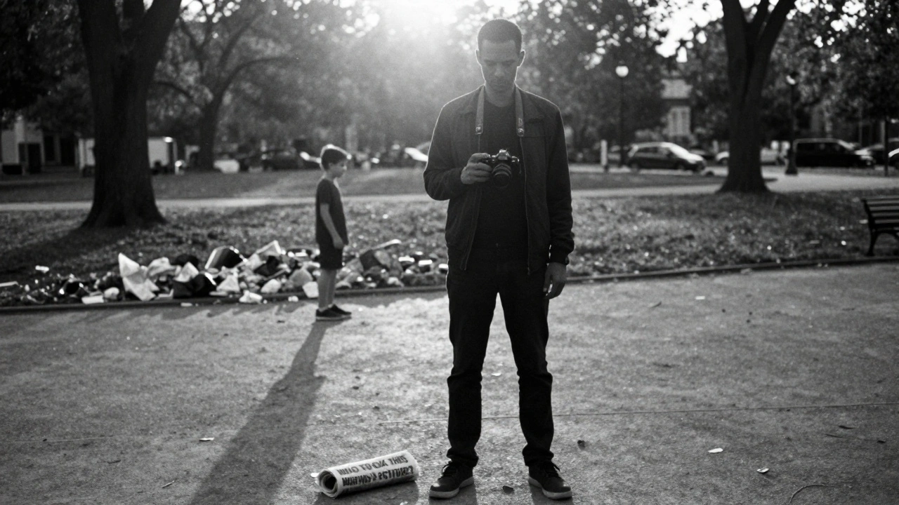 David LaChapelle im Hintergrund, hinter seiner Kamera, während der Junge im Nebel der Szene verschwindet.