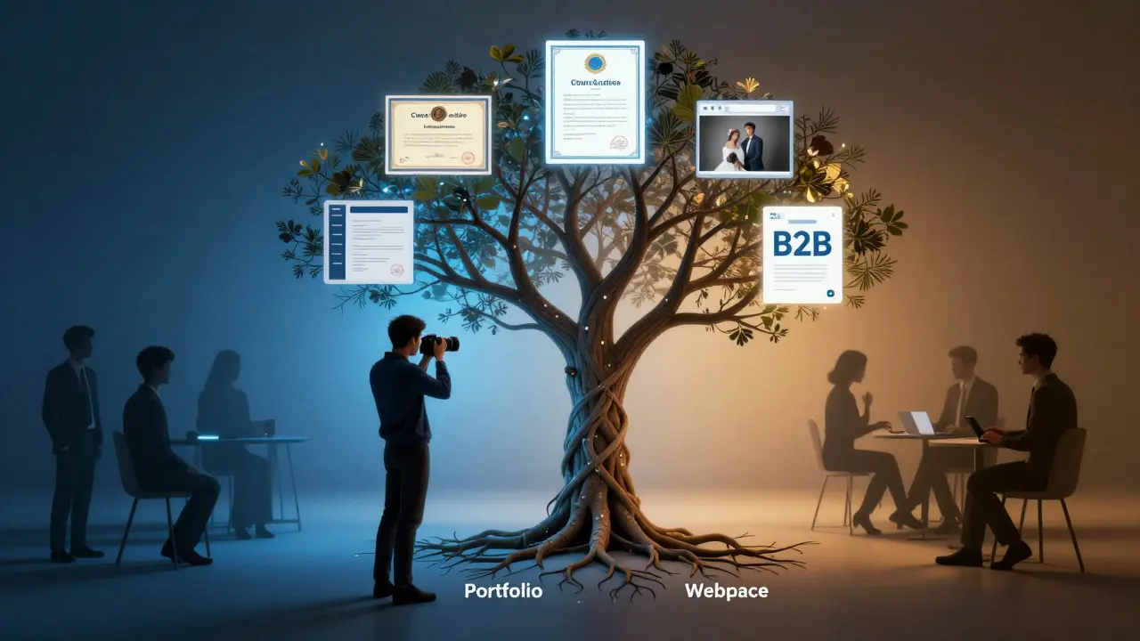Digitales Baumdiagramm, das verschiedene Einkommensquellen eines Fotografen als Symbole zeigt.