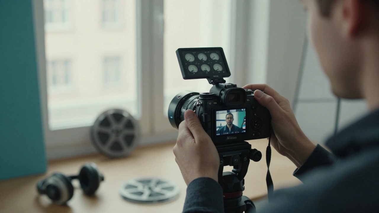 Dokumentarfilmer mit Nikon Z8 in Berlin, Audio-Meter sichtbar, natürliches Licht.