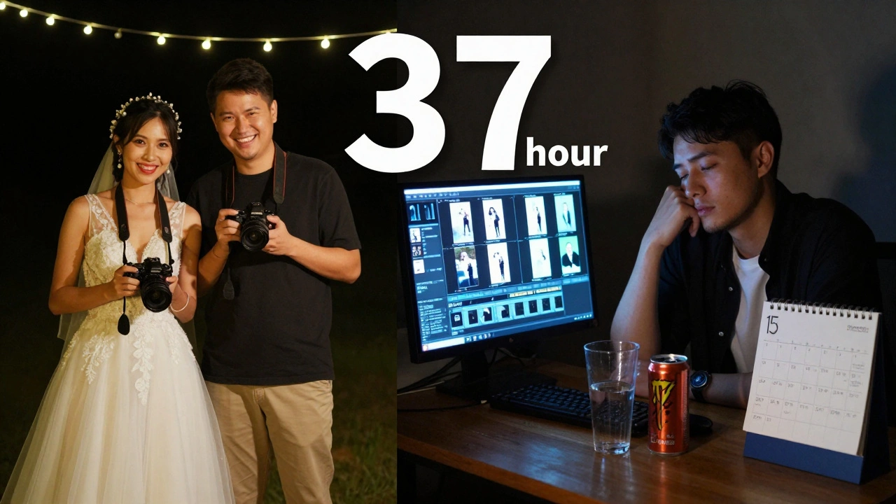 Doppelszene: Hochzeitsfotograf mit Paar links, same Person bei Nachbearbeitung rechts.