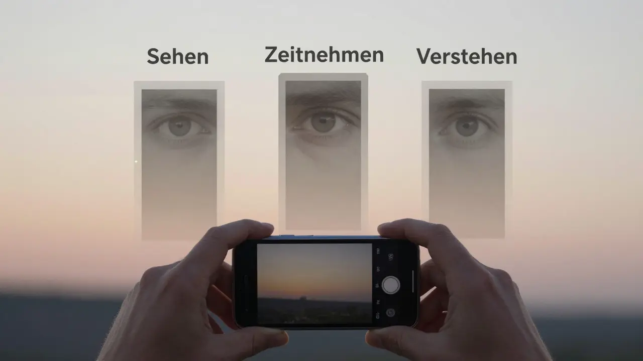 Drei durchscheinende Säulen aus Fotografien und Augen, die aus den Händen eines Smartphones wachsen.
