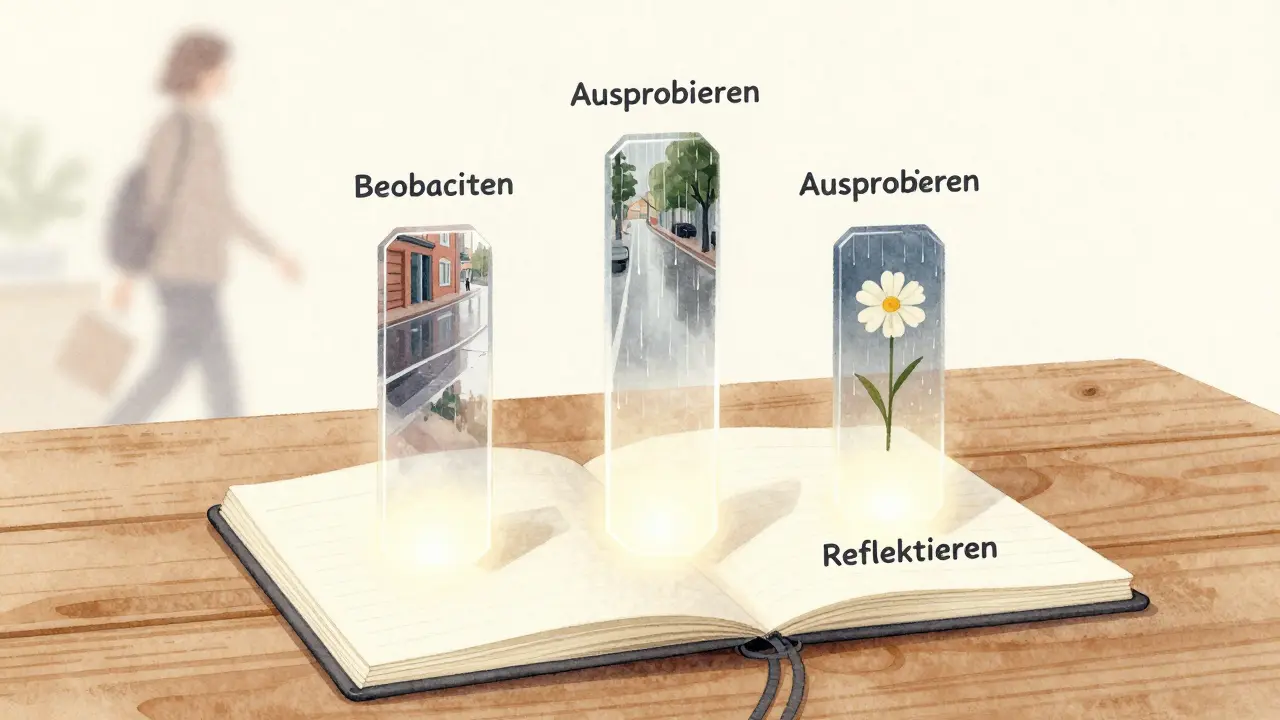 Drei durchscheinende Säulen mit den Worten Beobachten, Ausprobieren, Reflektieren steigen aus einem Notizbuch auf.