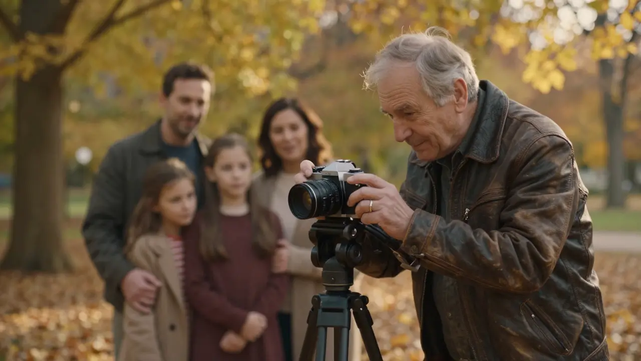 Ein älterer Fotograf fotografiert eine Familie im Herbstlicht mit einer analogen Kamera.