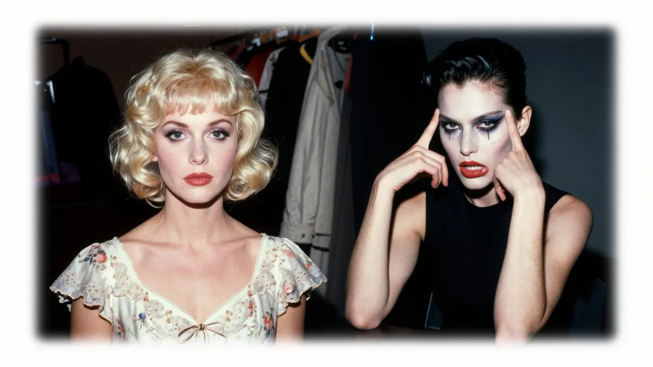 Ein Collage aus Sherman-Porträts und Balenciaga-Modellen mit filmischem Grain.