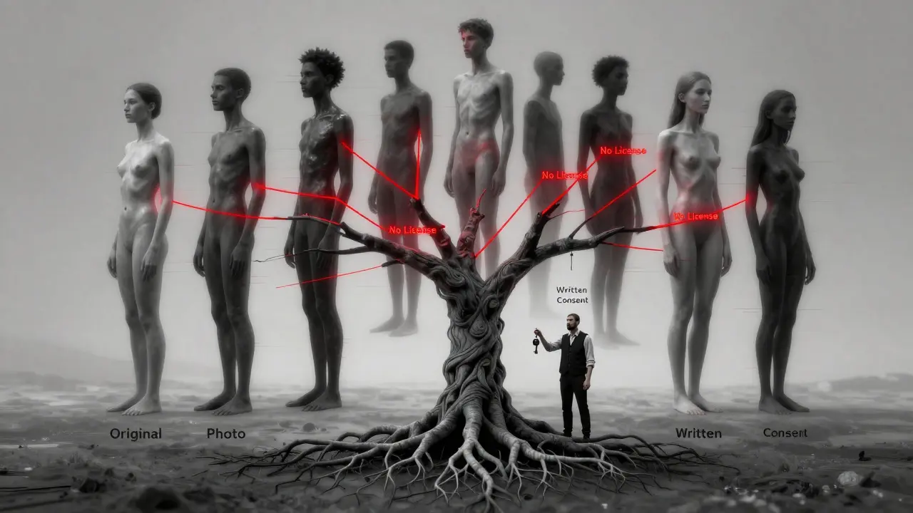 Ein digitaler Baum mit Wurzeln aus einem Originalfoto und verzerrten Ästen, die für unerlaubte Bildbearbeitung stehen, verbunden durch rote, lichtende Fäden.