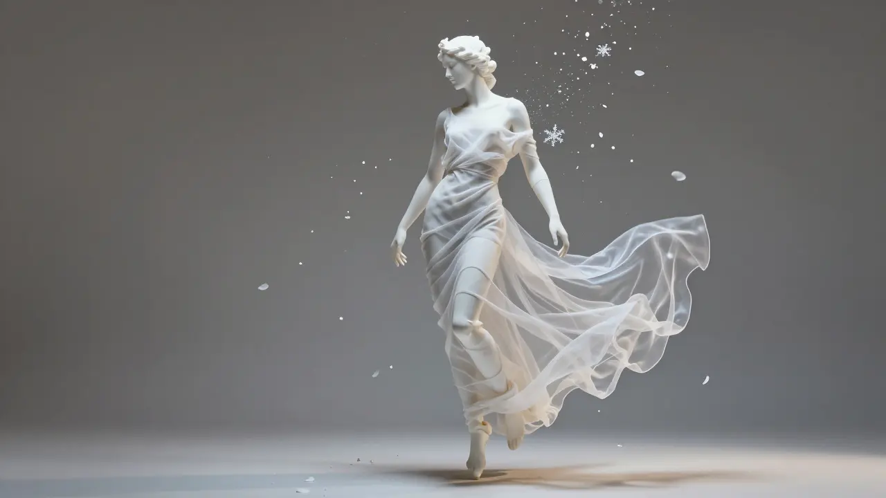 Ein schwebendes, durchscheinendes Kleid aus Kunststoff und Organza, wie eine lebendige Skulptur.