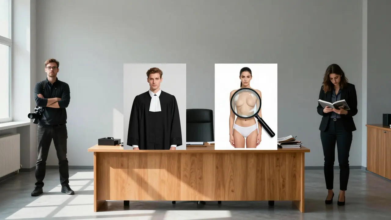 Ein Schweizer Gerichtssaal mit einem Richter, der ein Originalfoto und eine bearbeitete Version vergleicht, während ein Fotograf und ein Redakteur schweigend danebenstehen.