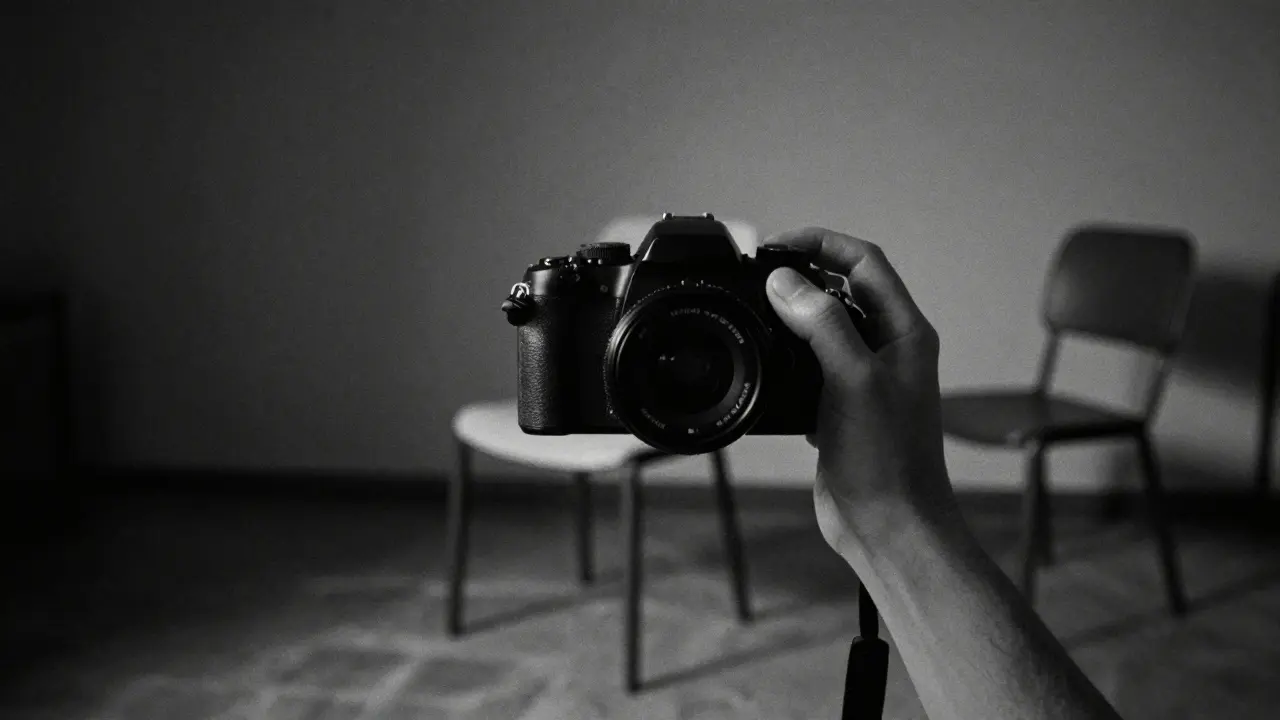 Eine alte Kamera richtet sich auf einen Stuhl, umgeben von mehreren Bildern desselben Objekts aus verschiedenen Perspektiven.