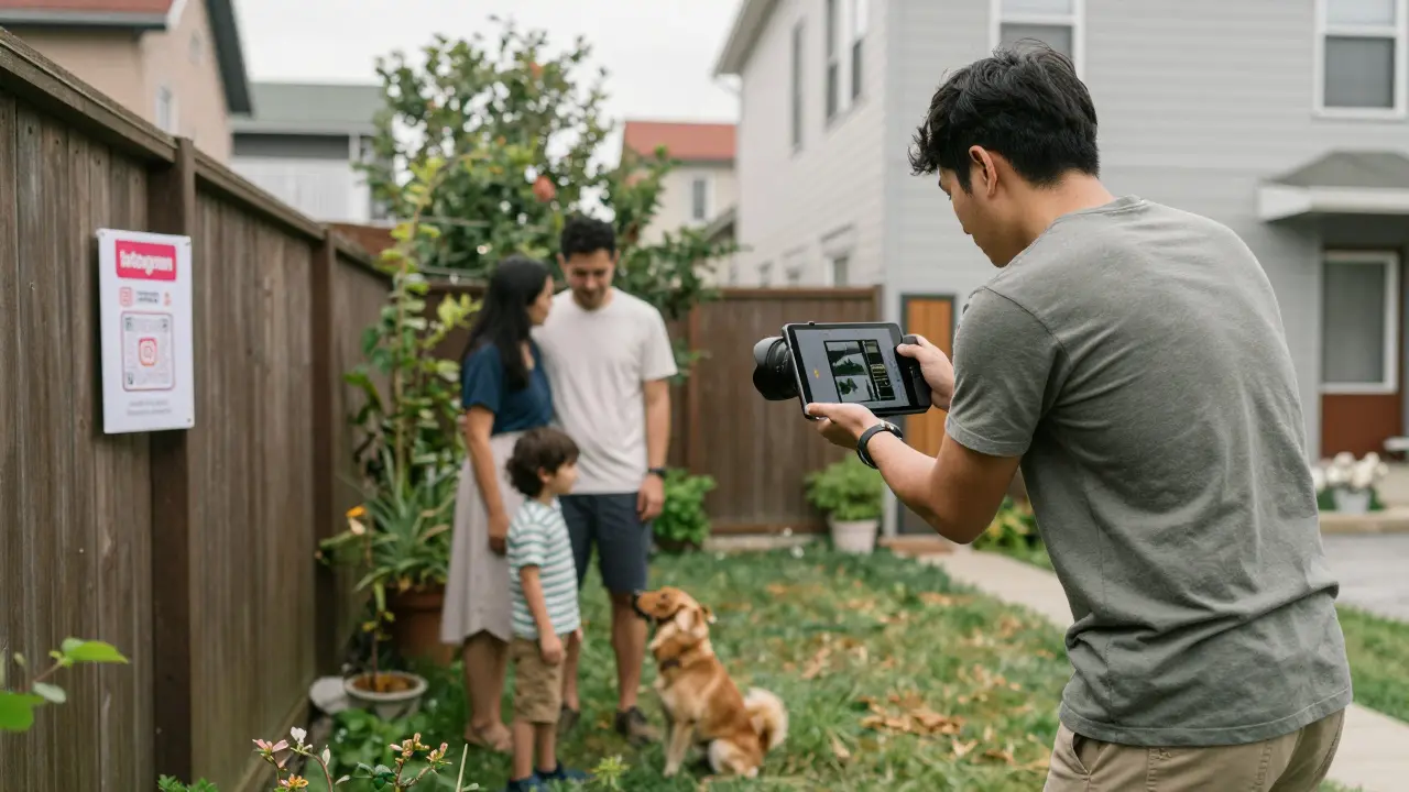 Eine Familie wird im Garten porträtiert, ein Fotograf zeigt ihnen ein Bild auf einem Tablet.
