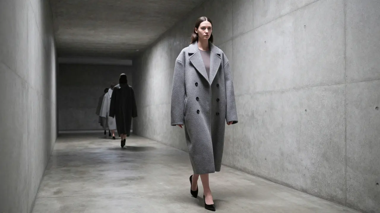 Eine Figur mit übertriebenen Schultern geht allein durch eine leere, künstliche Straße.