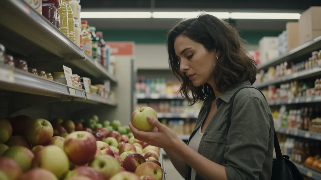 Eine Frau im Supermarkt hält einen Apfel in der Hand, müde aber ruhig, halbleere Regale hinter ihr.