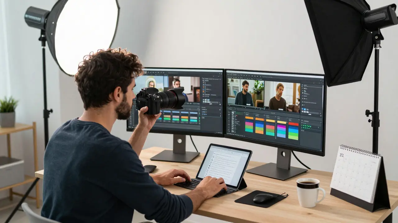 Fotograf bearbeitet Fotos im Studio, umgeben von Lichtgeräten und E-Mails auf dem Bildschirm.