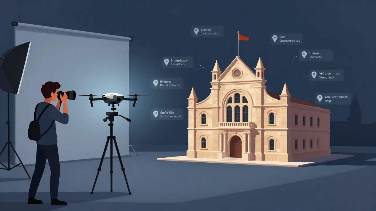 Fotograf dokumentiert ein historisches Gebäude mit 360-Grad-Fotografie und digitalen Metadaten.