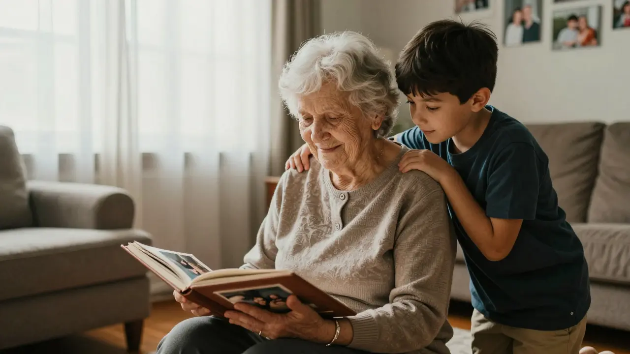 Fotograf fotografiert eine ältere Frau mit Demenz in einem sonnigen Wohnzimmer, ihre Familie daneben.